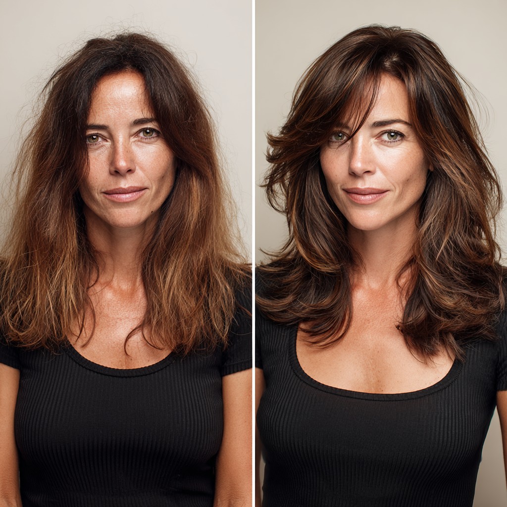 Mid-Length Feathered Blowout with Lifted Crown and Warm Lowlights