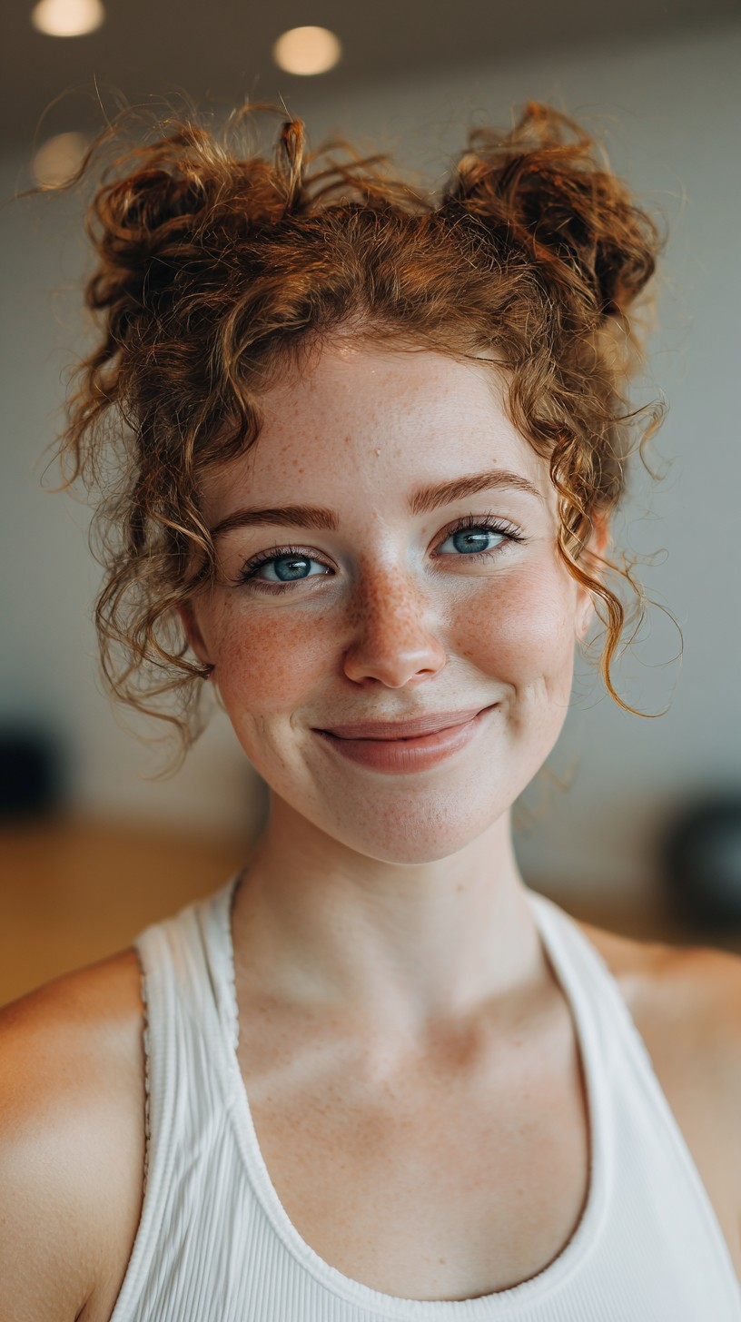 Playful Curly Double Bun with Face-Framing Ringlets