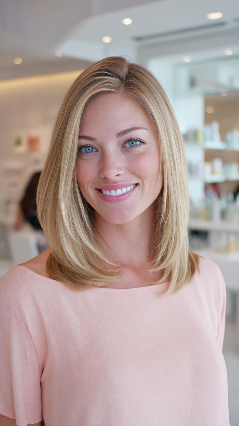 Polished Shoulder-Length Blowout with Subtle Face-Framing and Root Depth