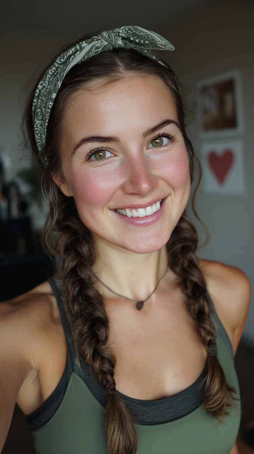 Relaxed Double Braids with Bandana and Soft Hairline Wisps
