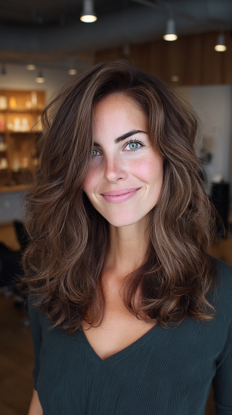 Shoulder-Length Chestnut Blowout with Curtain Layers and Root Depth