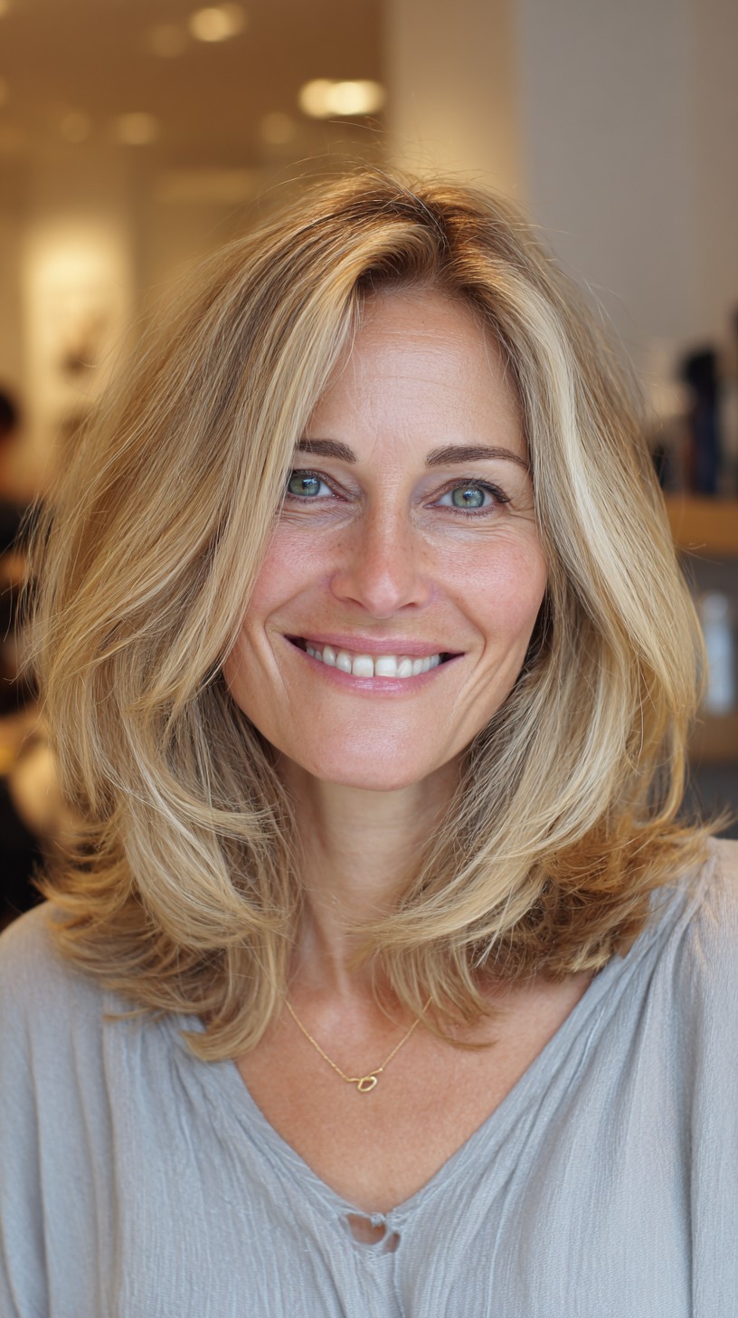 Shoulder-Length Layered Blowout with Soft Root Shadow and Feathered Ends