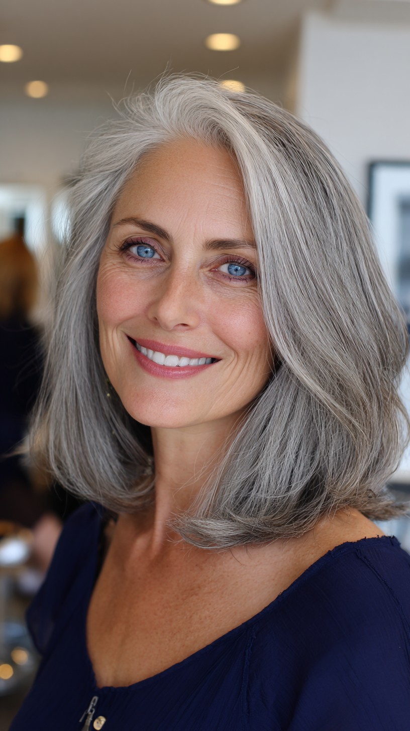 Silver Shoulder-Length Rounded Blowout with Bright Parting Highlight