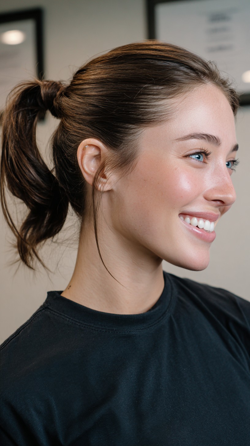 Sleek Low Ponytail with Wrapped Base and Single Face-Framing Strand