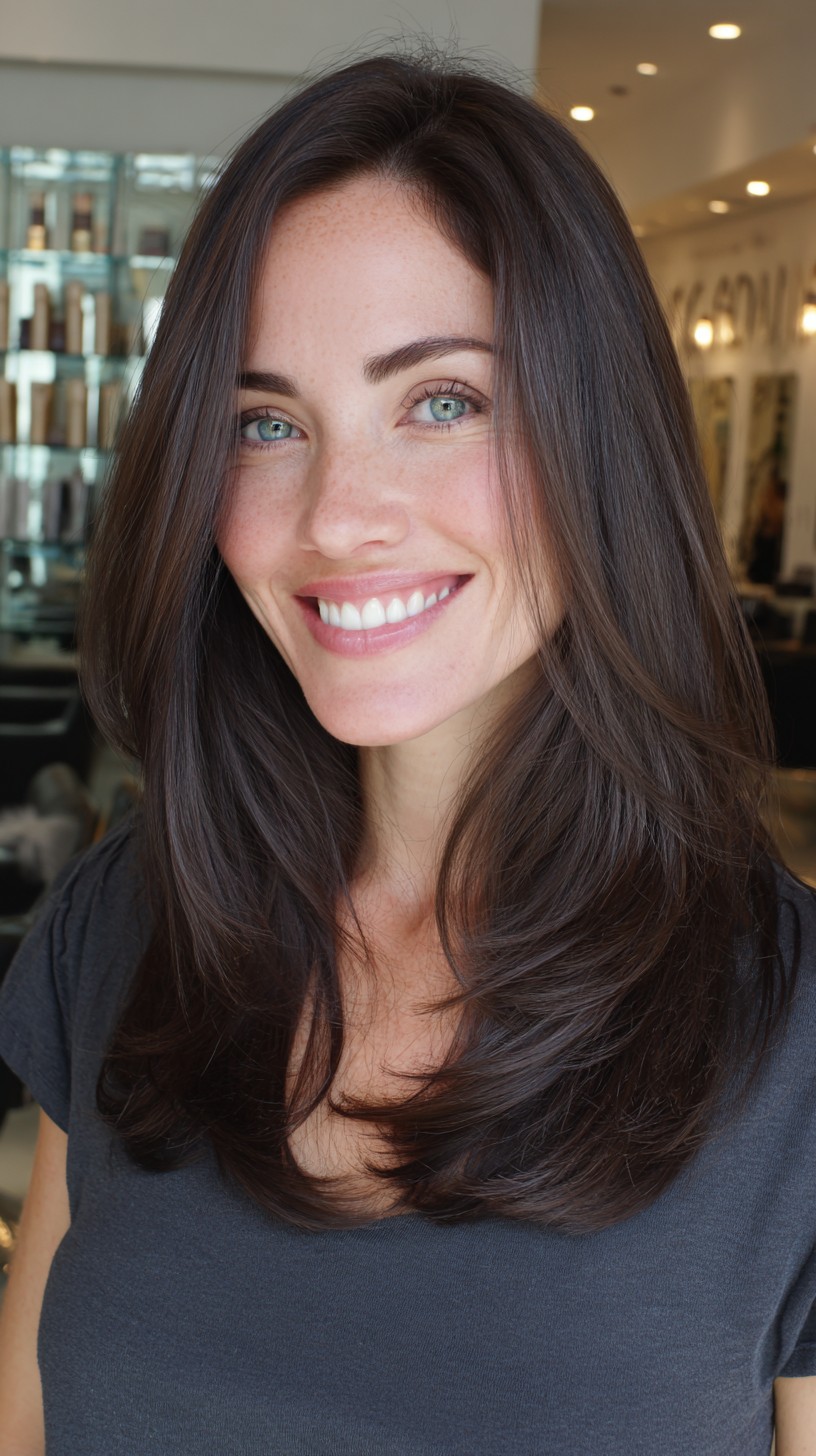 Smooth Dark Brunette Blowout with Feathered Face-Framing