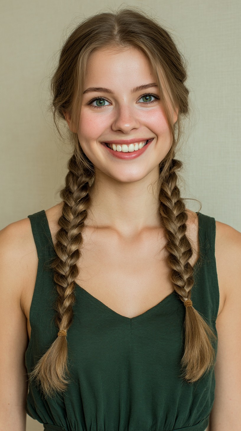 Soft Center-Part Twin Braids with Wispy Front Layers