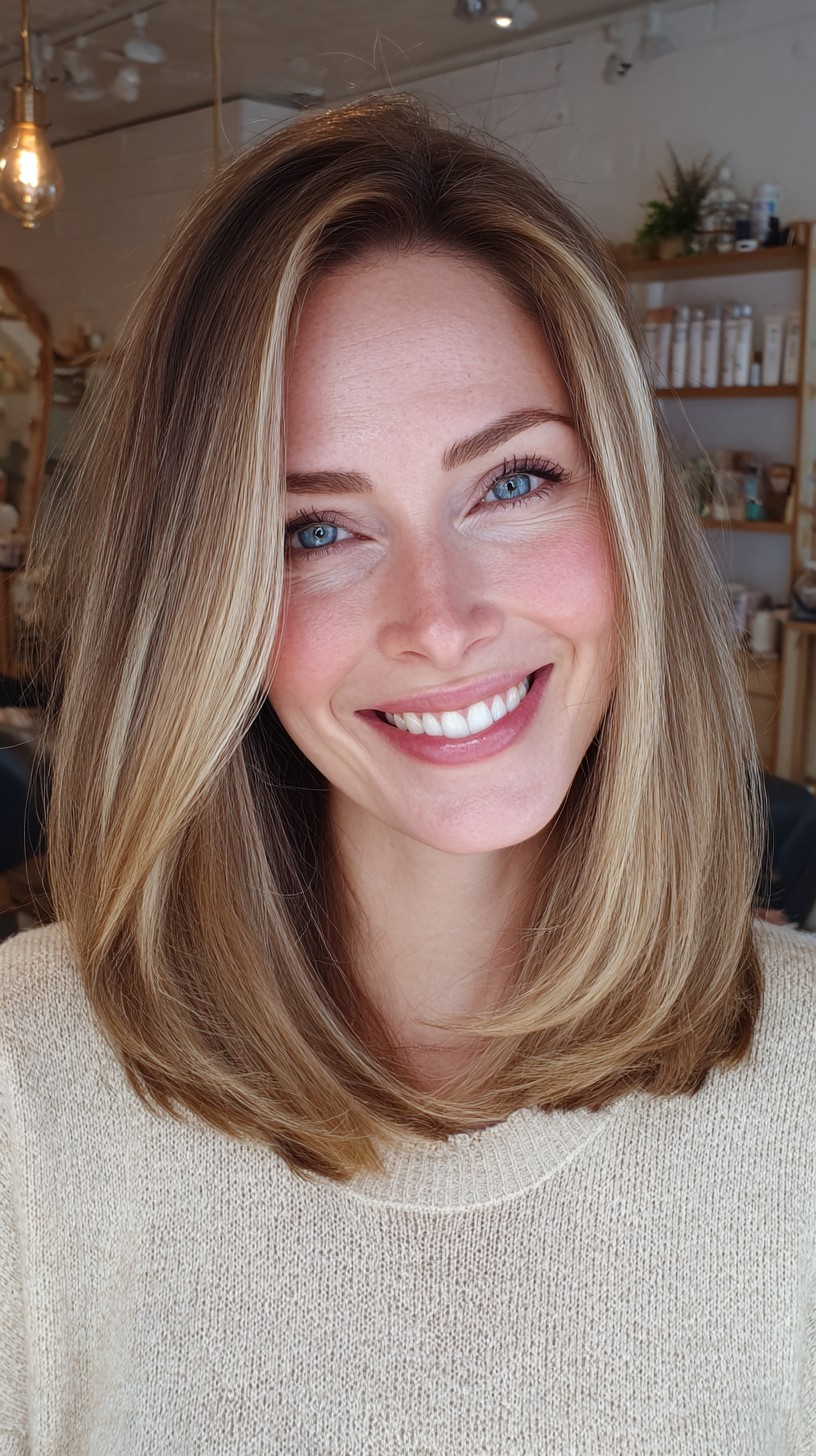Soft Shoulder-Length Blowout with Bright Framing Highlights