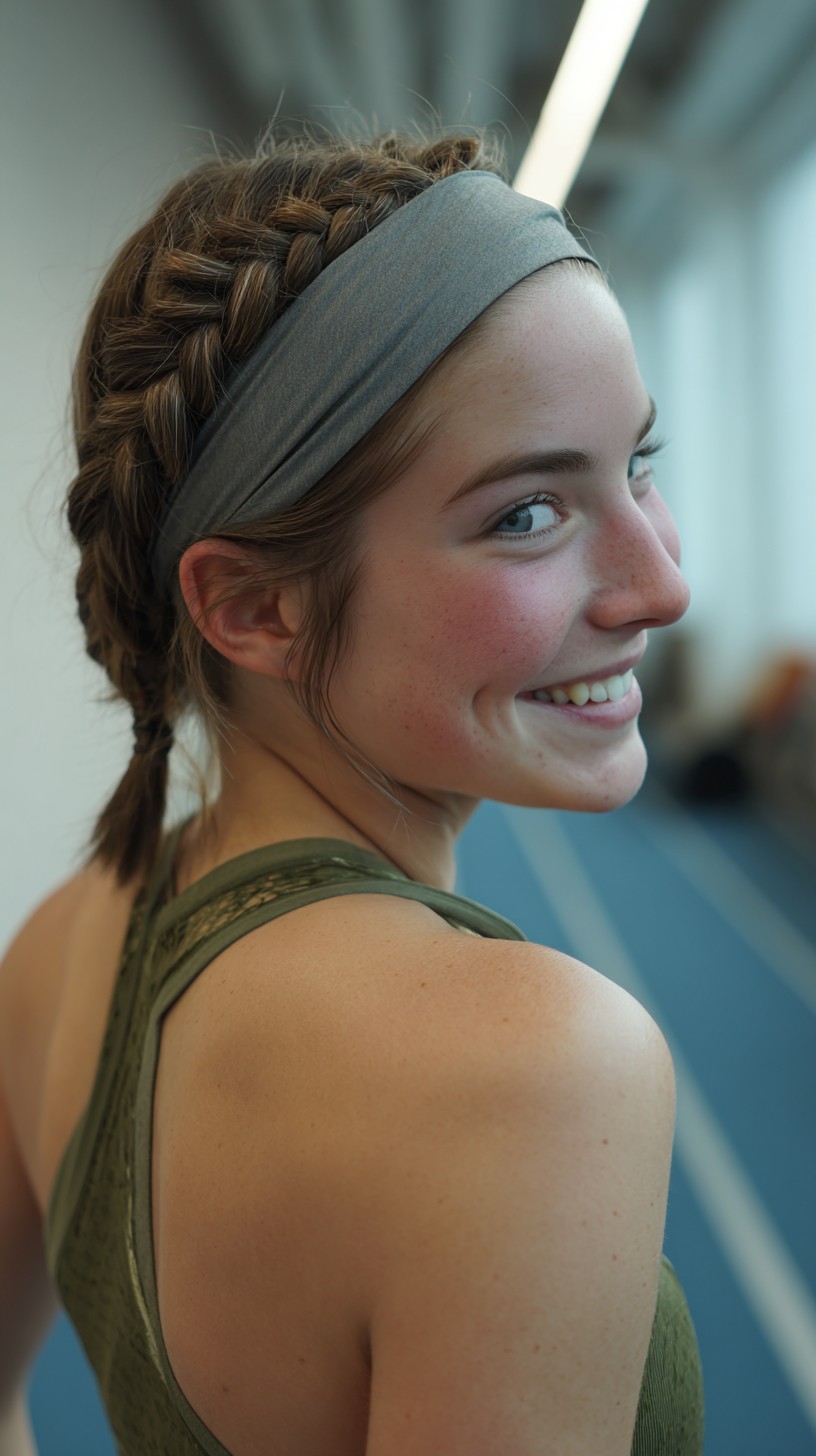 Sporty Crown Dutch Braid with Wide Headband and Soft Front Wisps