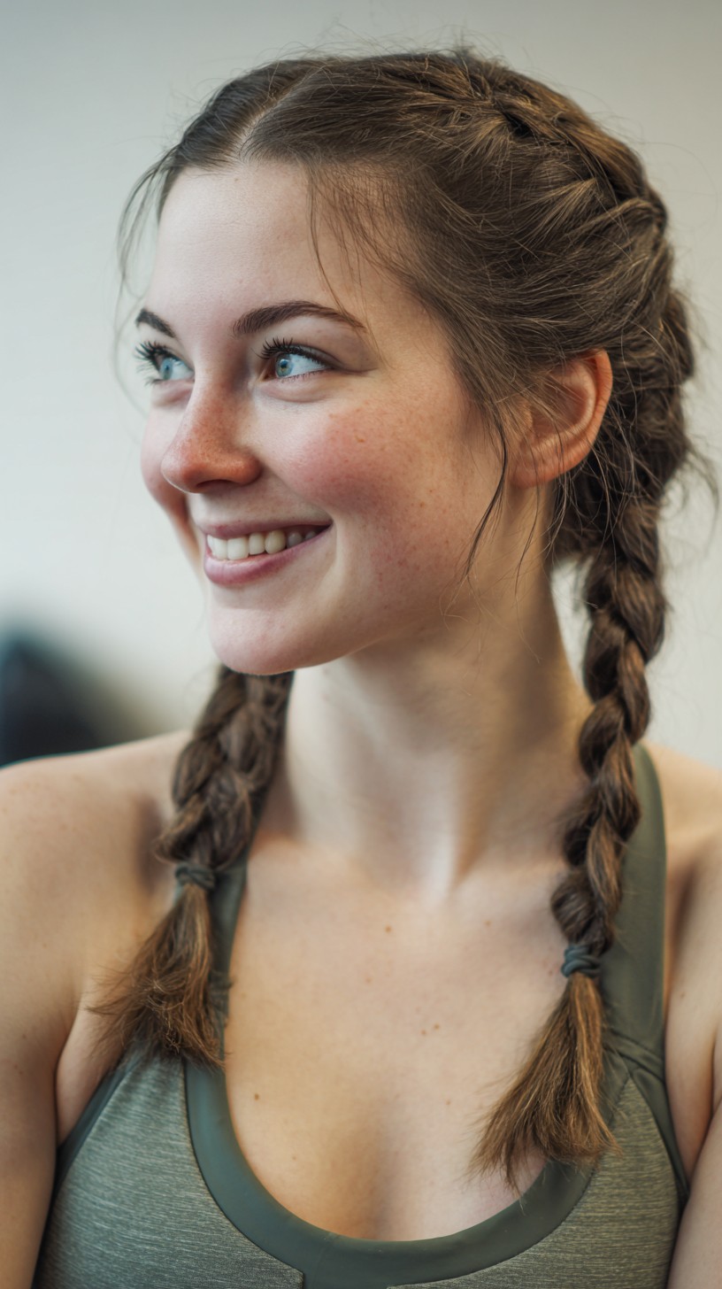 Textured Double Braids with Wispy Face-Framing Strands