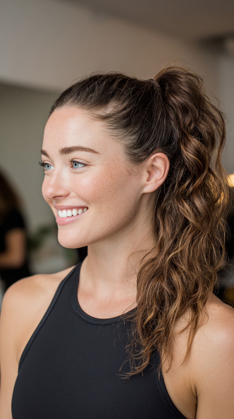 Textured High Pony with Long Wavy Layers and Subtle Balayage