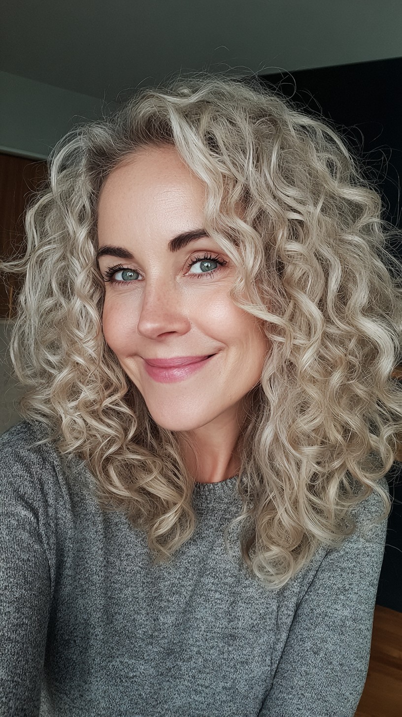 Textured Silver-Blonde Curly Shoulder-Length Cut with Face-Framing Spirals