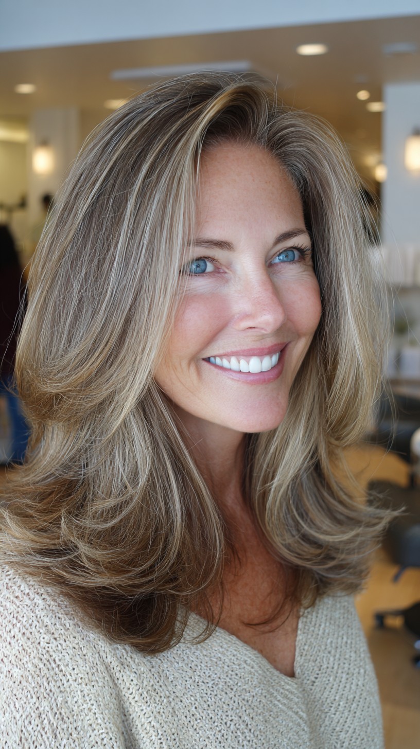 Voluminous Mid-Length Feathered Blowout with Salt-and-Pepper Blend