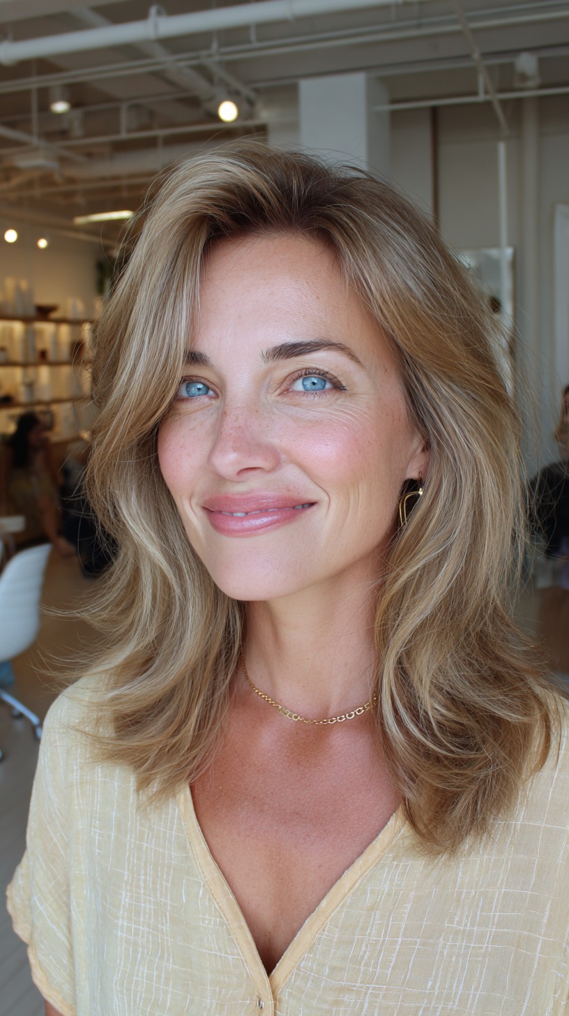 Warm Bronde Shoulder-Length Blowout with Feathered Face Frame