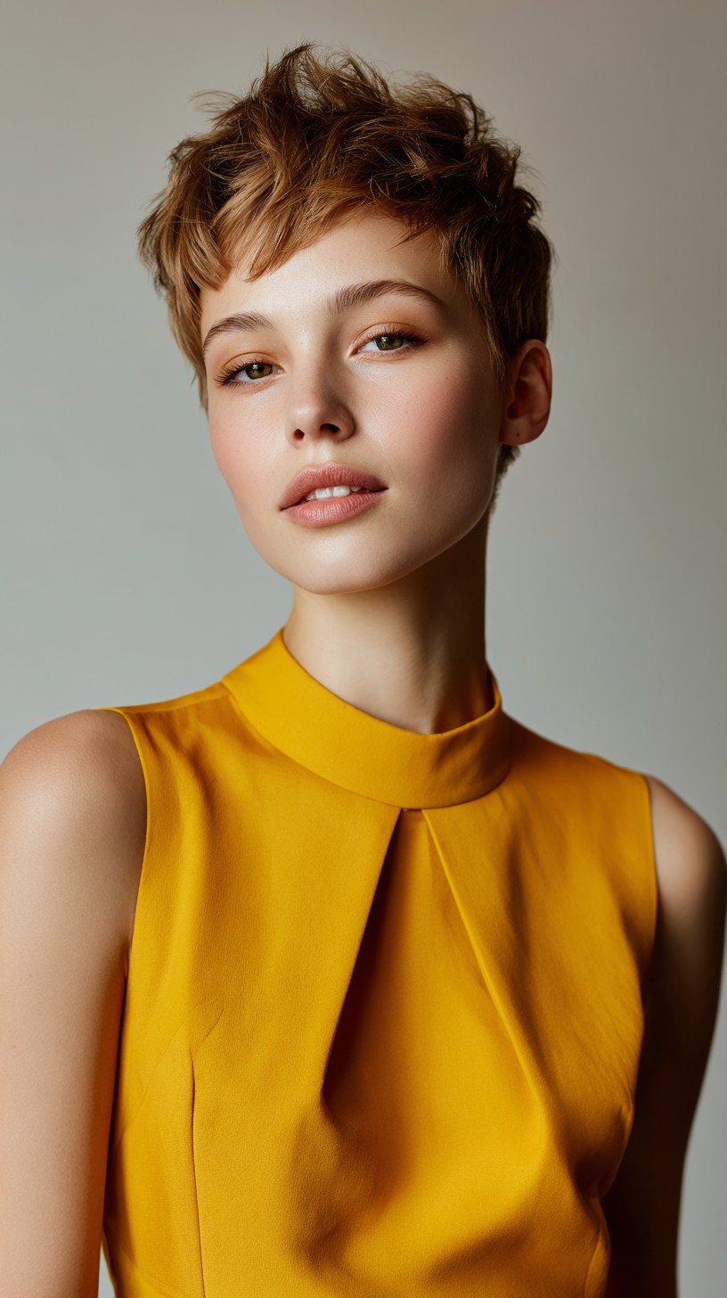 Auburn Pixie with Wispy Point-Cut Fringe and Textured Crown