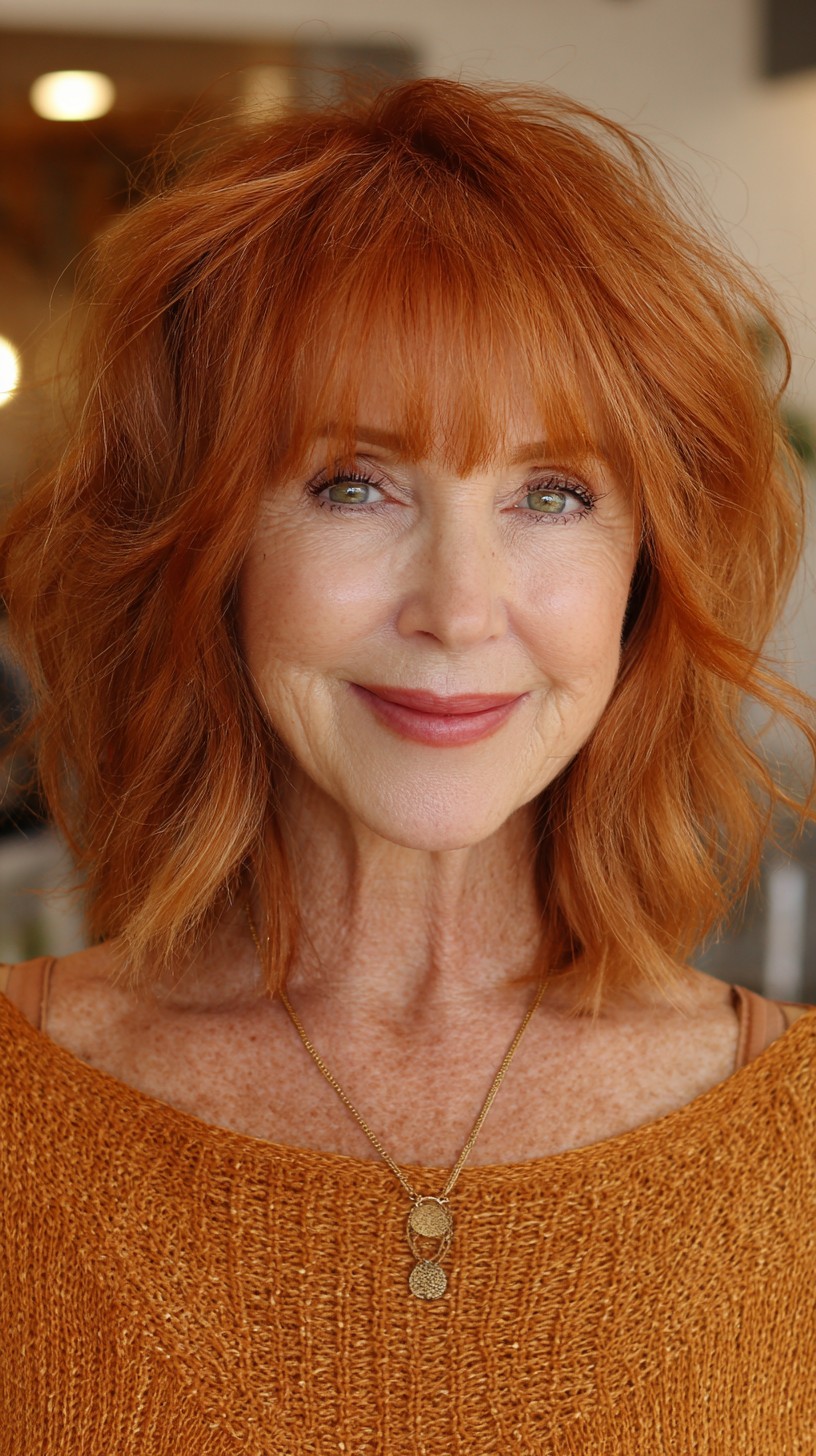 Autumn Copper Textured Lob with Blunt Wispy Fringe
