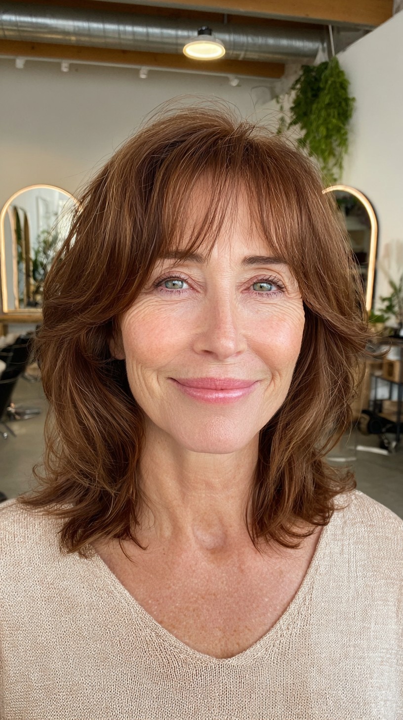 Chestnut Layered Mid-Length Cut with Soft Wispy Fringe