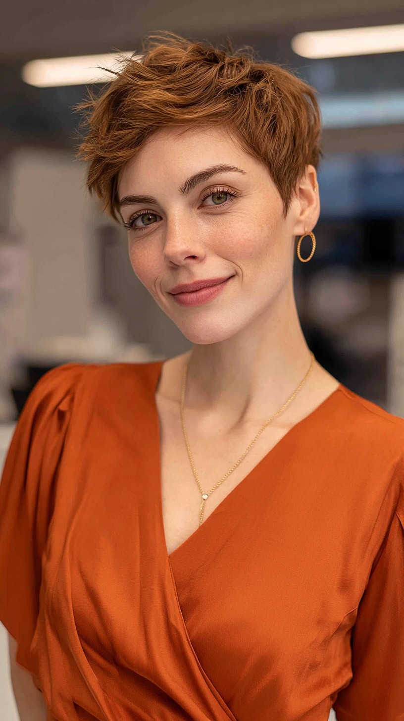 Copper Tousled Pixie with Clipper-Tapered Nape and Diagonal Micro-Fringe