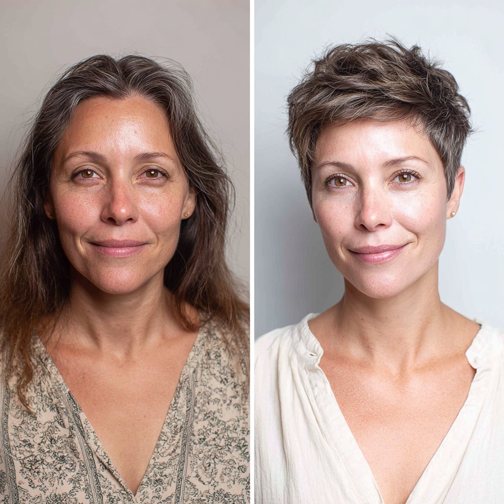 Salt-and-Pepper Textured Pixie with Feathered Top and Tapered Sides