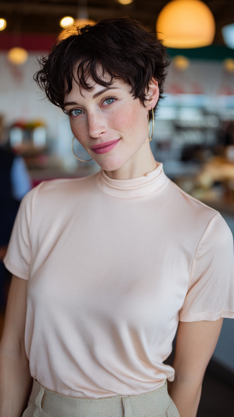 Short Tousled Espresso Pixie with Soft Textured Fringe