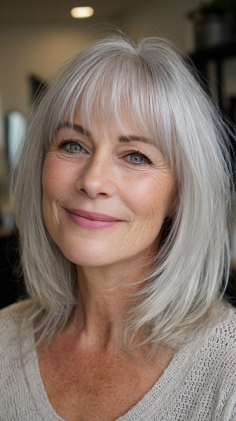 Silver Shoulder-Grazing Lob with Soft Wispy Bangs