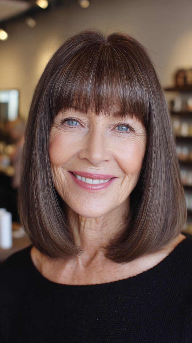 Sleek Chestnut Shoulder-Grazing Lob with Brow-Skimming Blunt Fringe