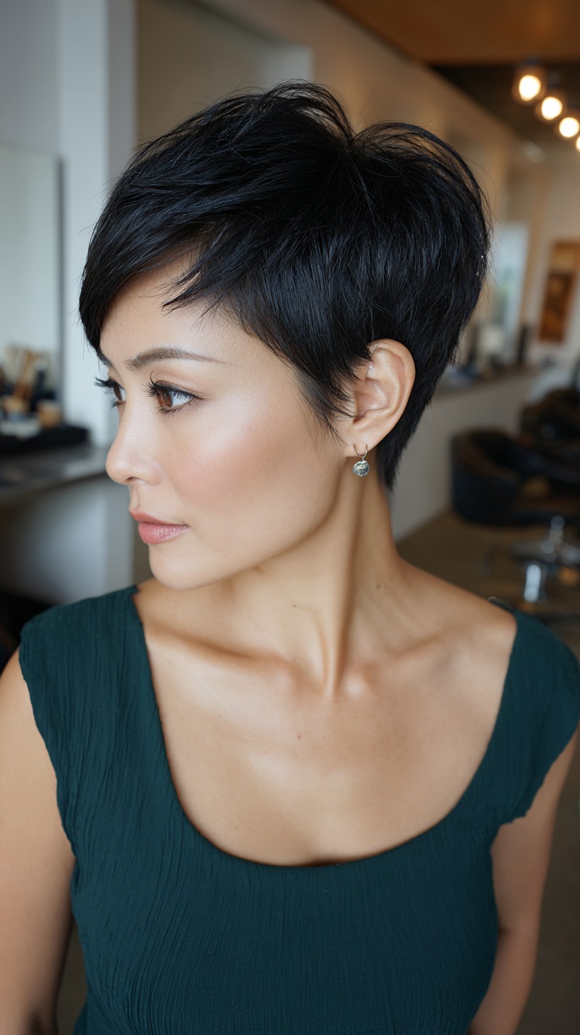 Sleek Short Textured Pixie with Feathered Side Fringe
