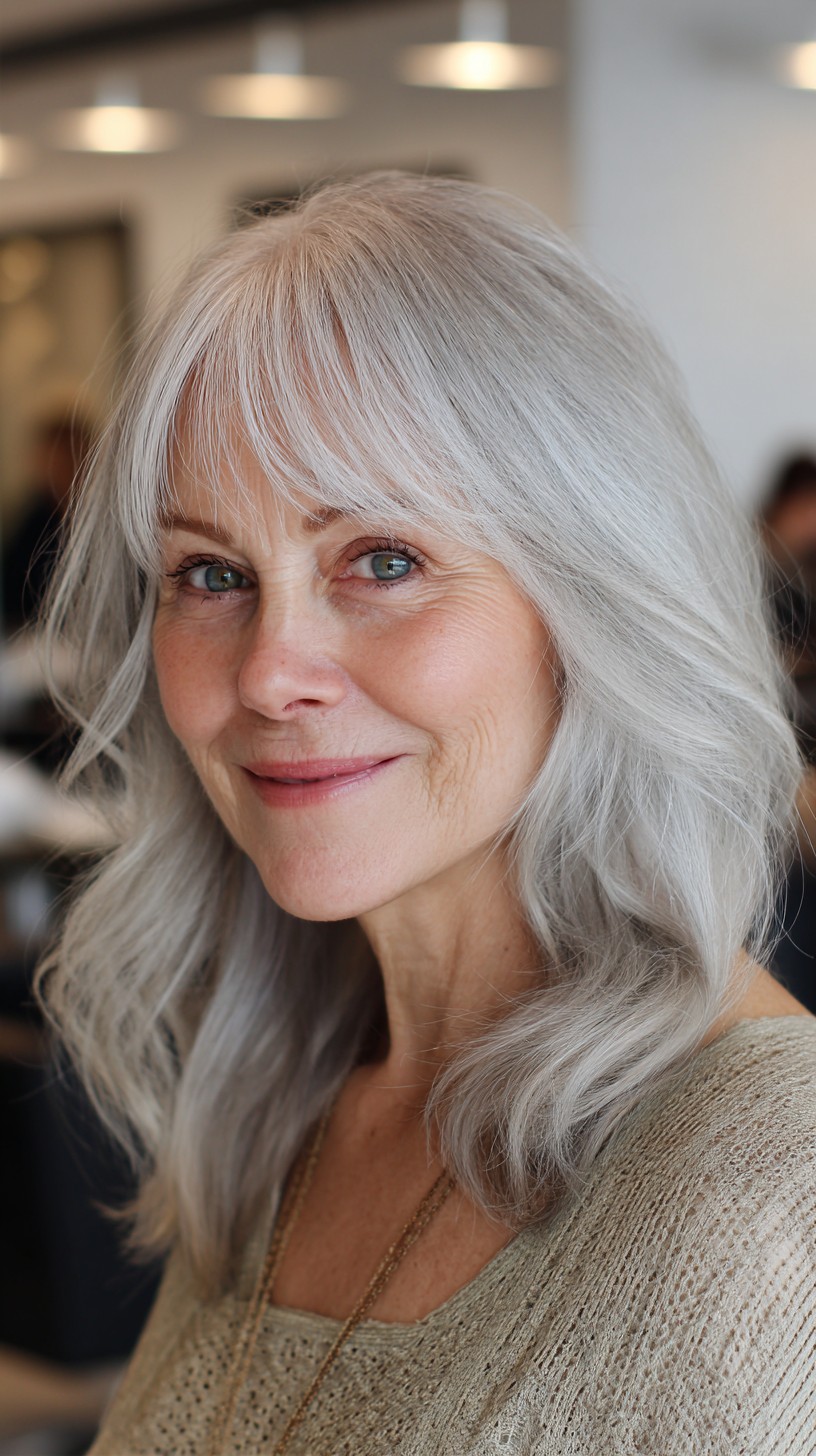 Soft Silver Shoulder-Grazing Layers with Feathered Micro-Bangs