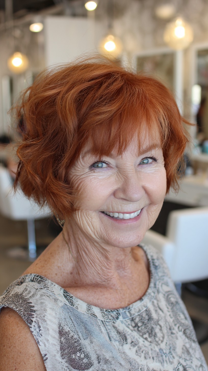 Tousled Copper Feathered Bob with Micro-Bangs