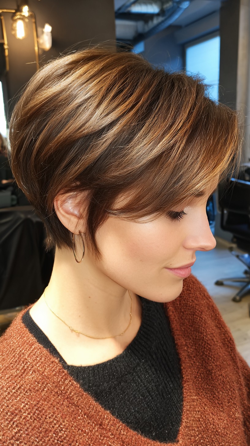 Warm Caramel Textured Pixie with Stacked Nape and Side-Swept Fringe