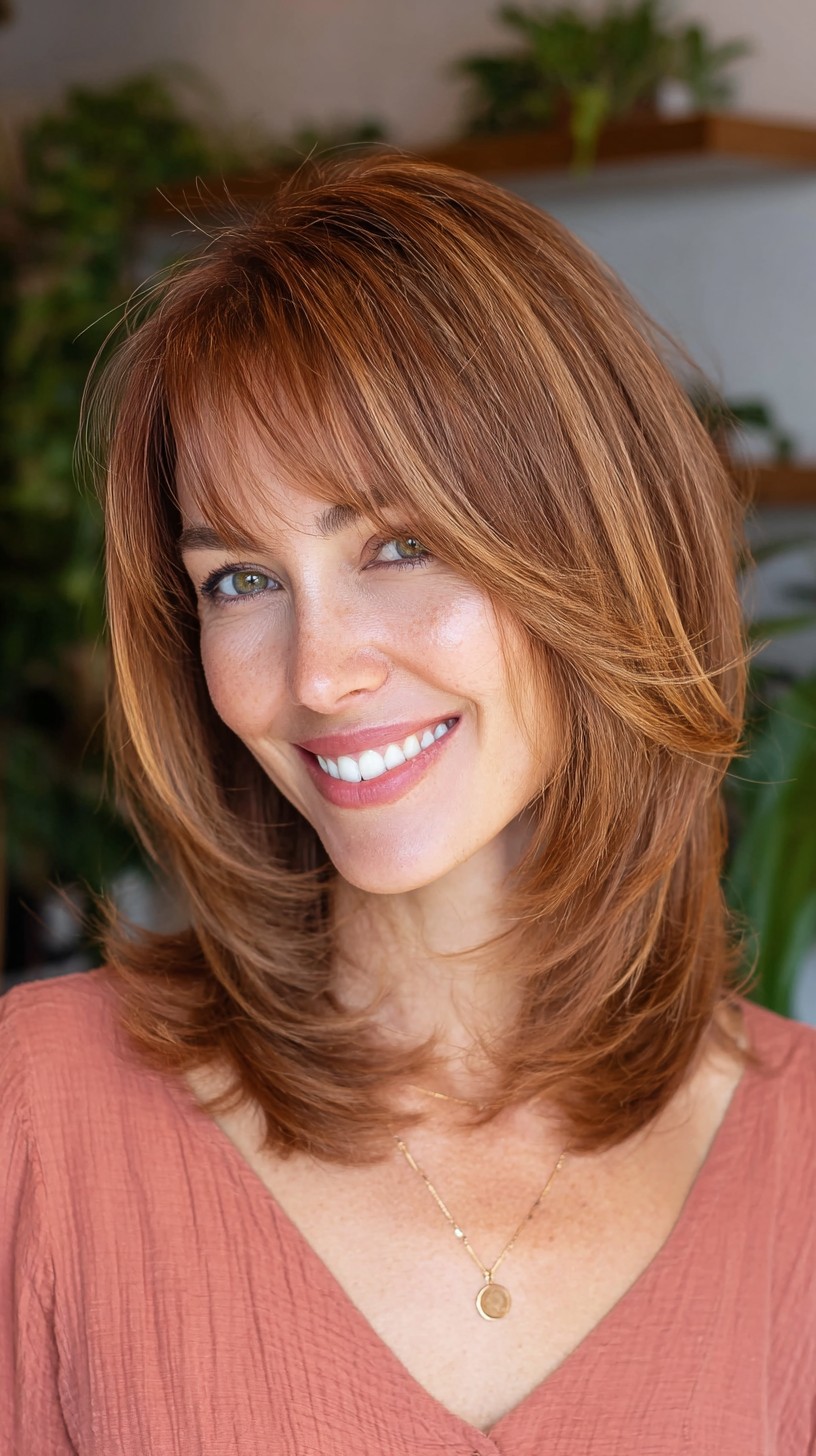 Auburn Shoulder-Grazing Feathered Layers with Wispy Fringe