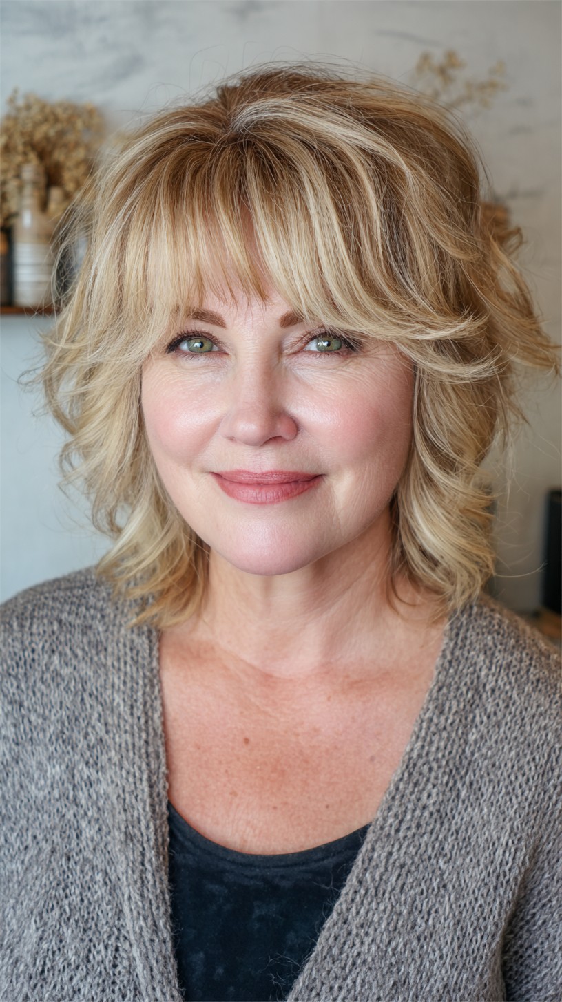 Blended Blonde Feathered Lob with Soft Curtain Fringe