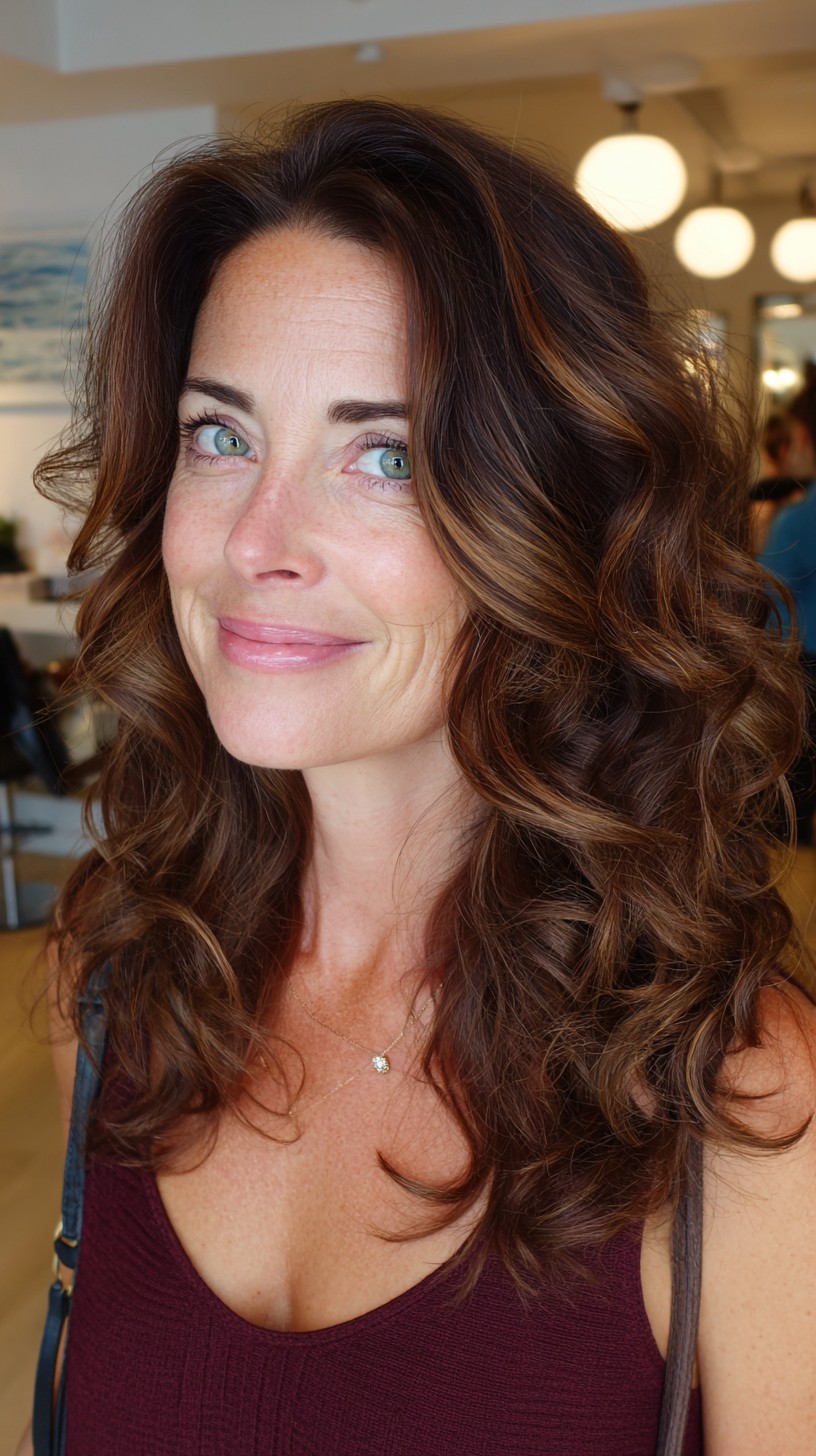 Brunette Mid-Length Sliced Layers with Warm Babylights