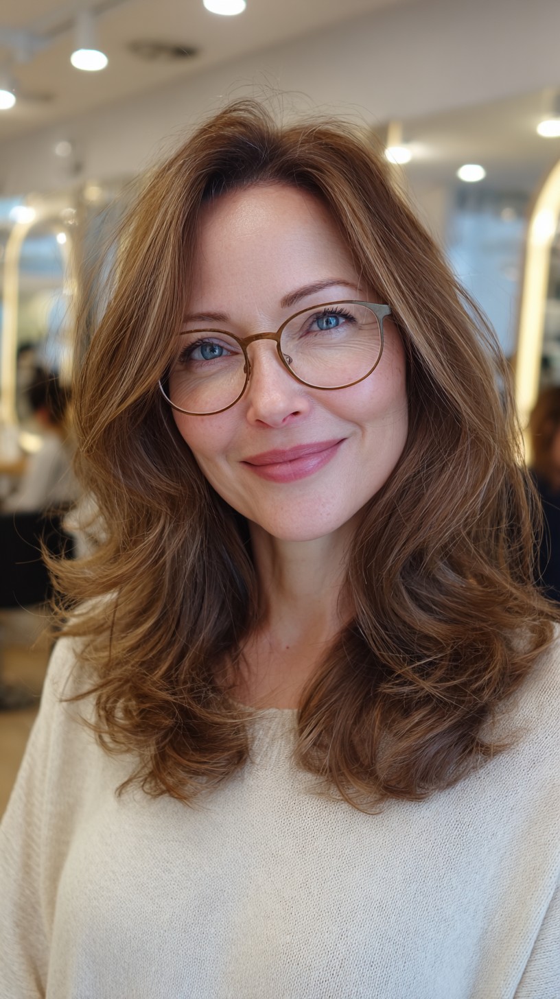 Chestnut Shoulder-Length Layers with Root Lift and Glasses-Friendly Framing