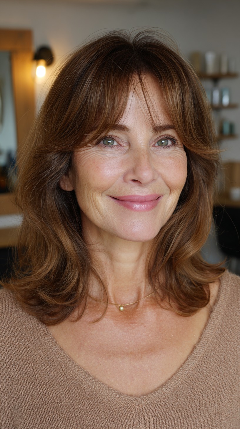 Chestnut Shoulder-Length Layers with Soft Curtain Fringe and Root-Smudge