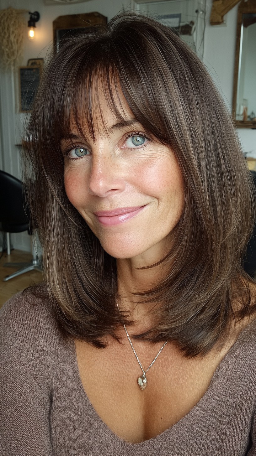 Chestnut Shoulder-Length Shaped Layers with Sheer Micro-Bangs
