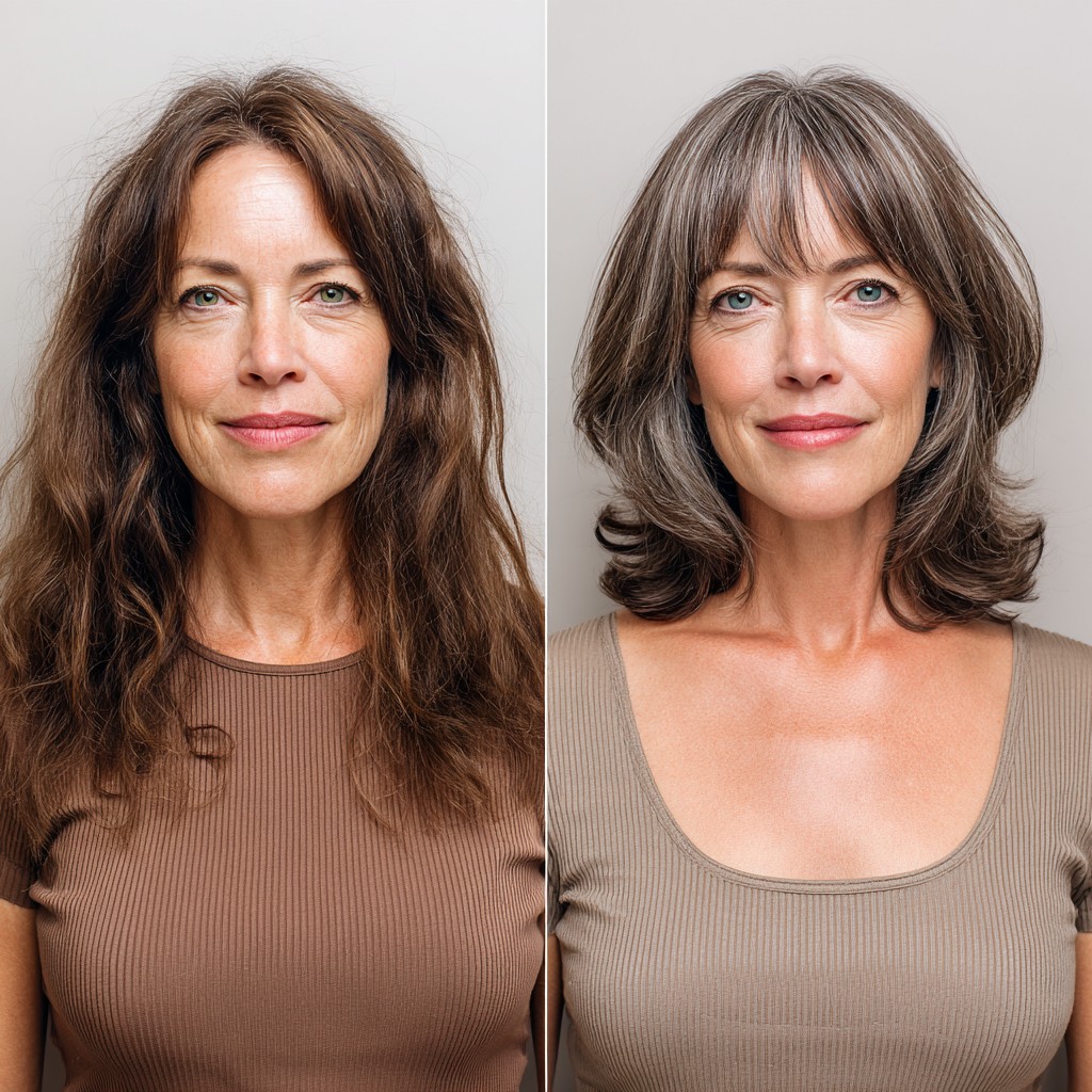 Collarbone-Length Shaped Layers with Soft Fringe and Natural Gray Blending