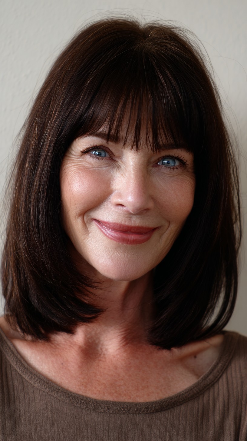 Deep-Brunette Collarbone Bob with Brow-Grazing Blunt Bangs