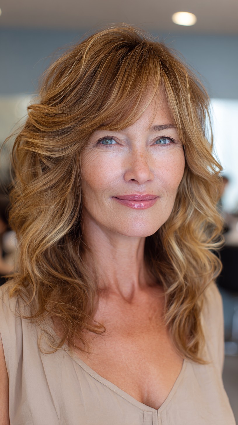 Face-Framing Layered Medium Cut with Side-Swept Fringe and Lived-In Lowlights