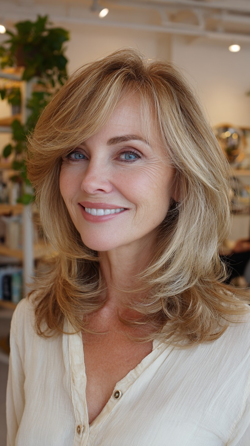 Feathered Shoulder-Length Layers with Long Side Bangs and Subtle Root Shadow