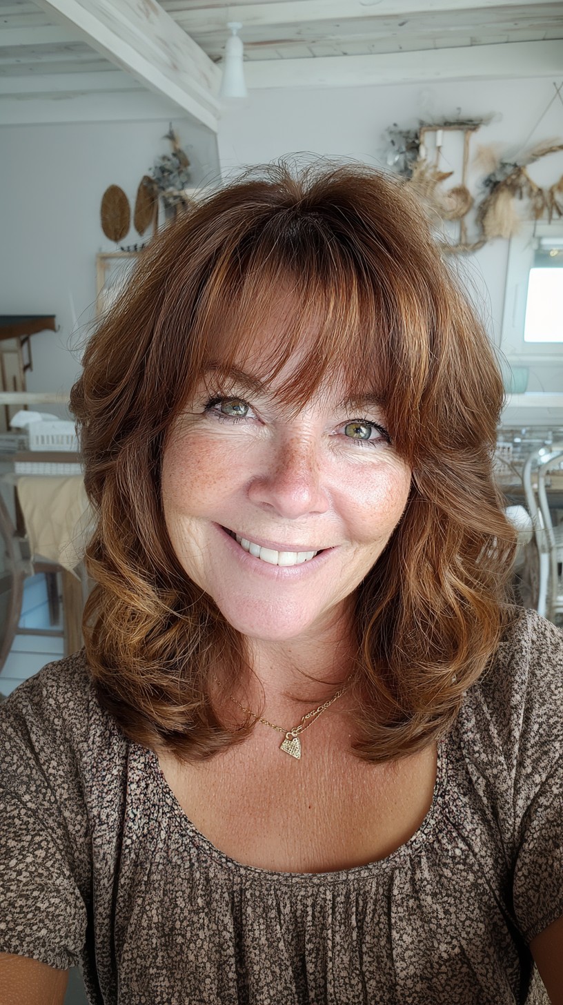 Medium-Length Layered Cut with Soft Fringe and Rounded Ends
