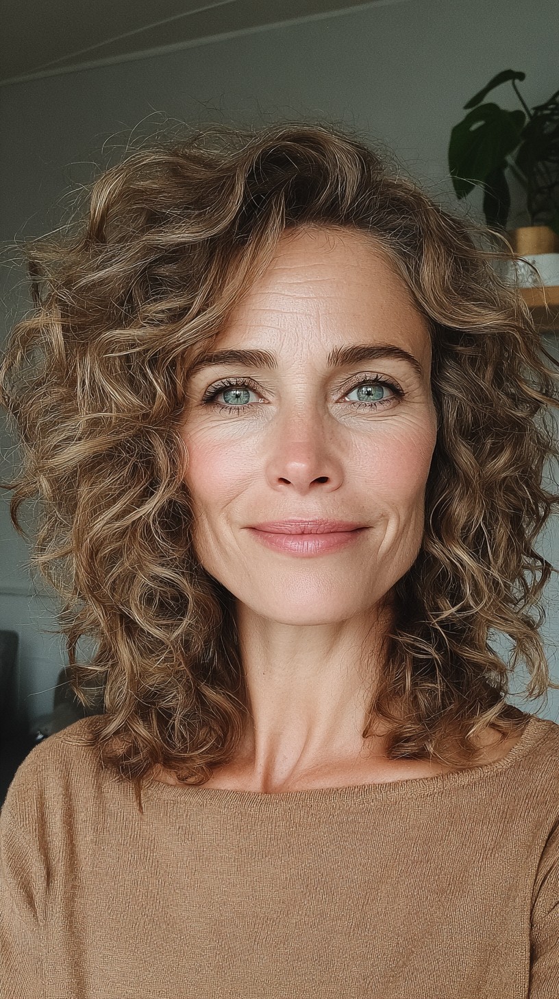 Mid-Length Curly Layers with Crown Lift