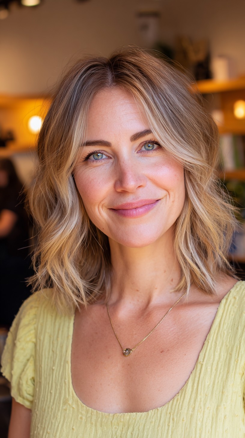 Mid-Length Layered Lob with Soft Face-Framing and Root-Shadow Balayage