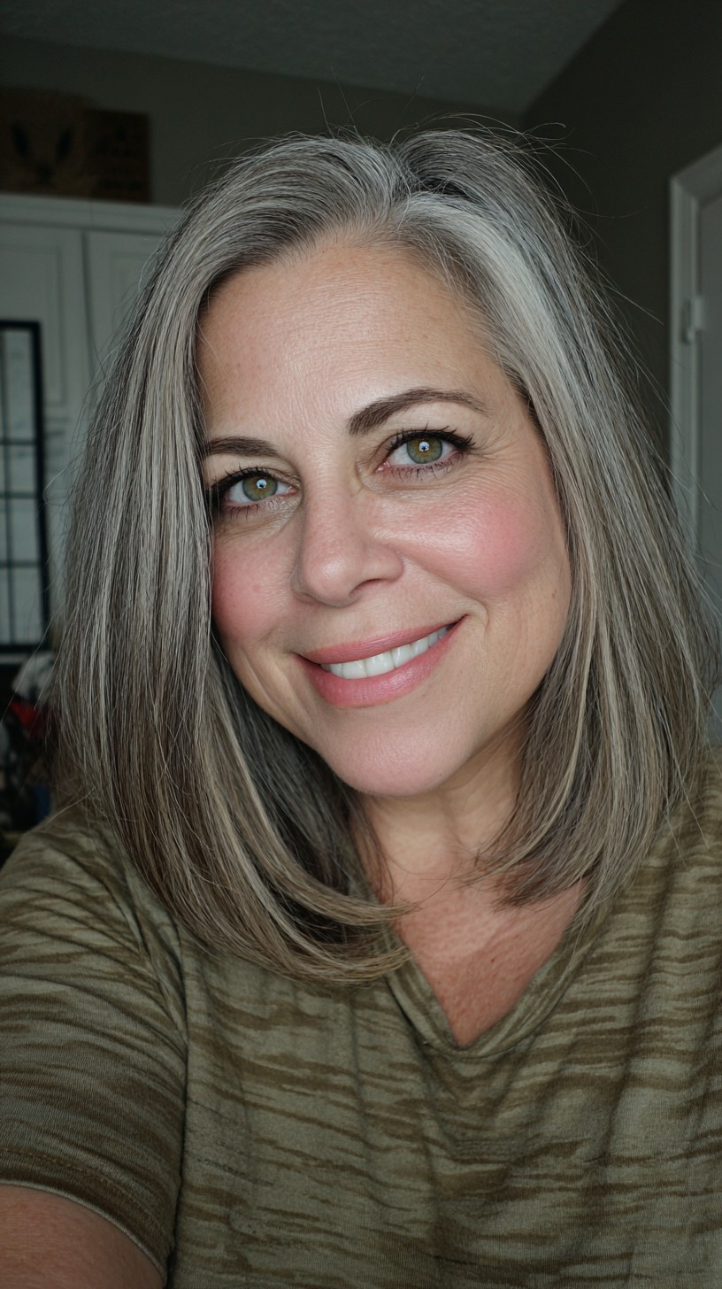 Root-Soft Gray Shoulder-Grazing Lob with Face-Framing Layers