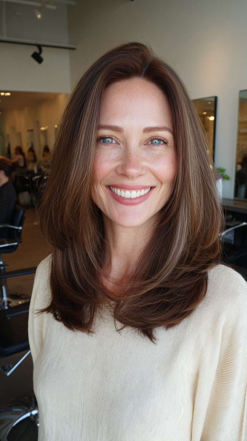 Rounded Mid-Length Layered Cut with Subtle Brunette Lowlights