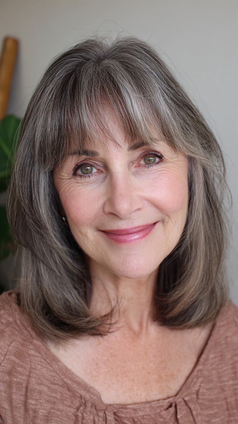Shoulder-Length Salt-and-Pepper Lob with Wispy Brow Fringe