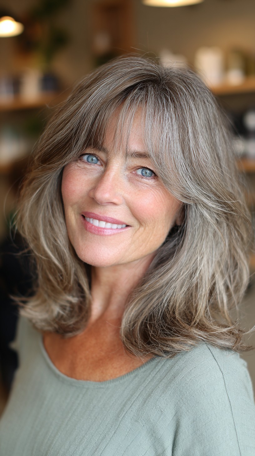 Silver Collarbone-Length Layers with Sheer Curtain Bangs