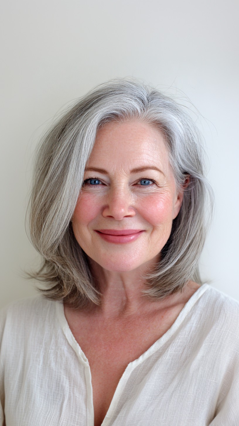 Silver Shoulder-Grazing Layered Lob with Side-Swept Face-Framing