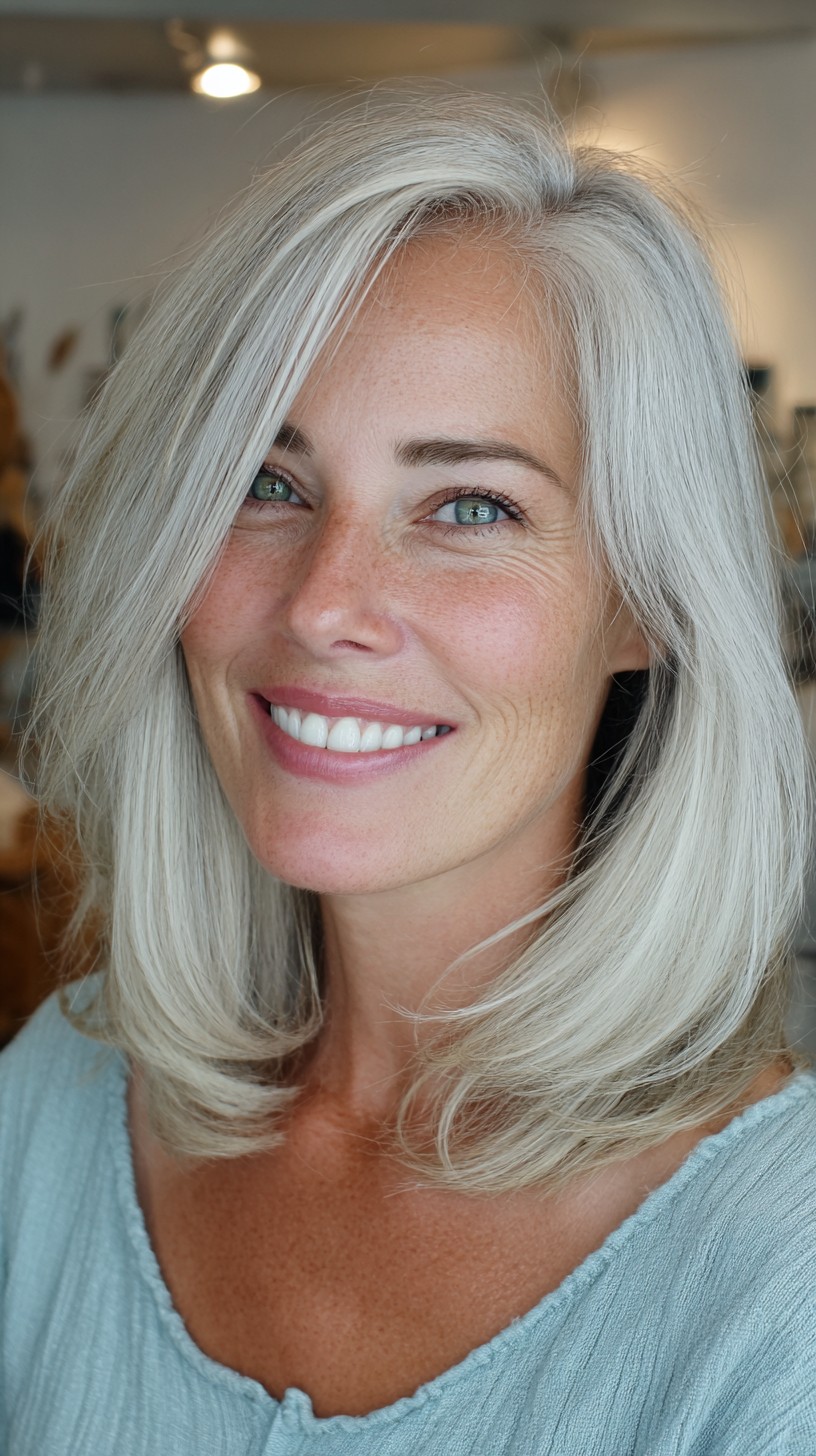 Silver Shoulder-Length Blended Layers with Side-Swept Part