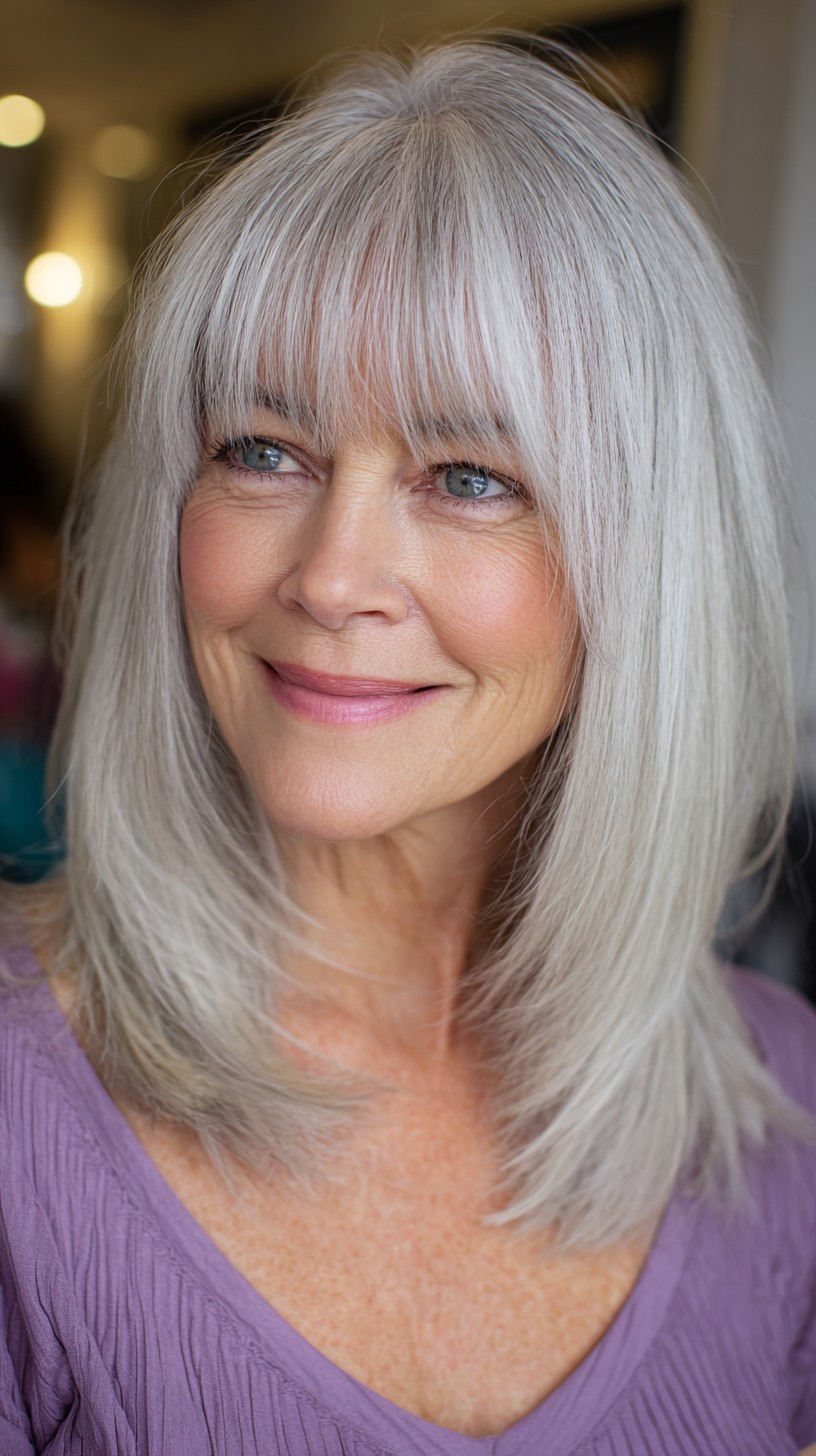 Silver Shoulder-Length with Blended Micro-Bangs and Soft Internal Layers