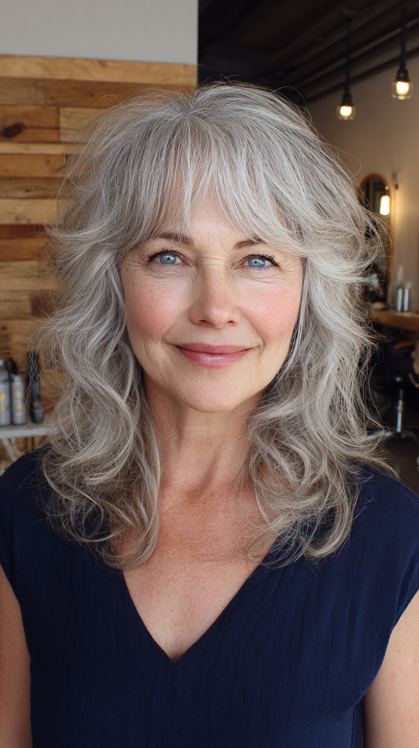 Silver Softly-Layered Shoulder Cut with Airy Curtain Fringe